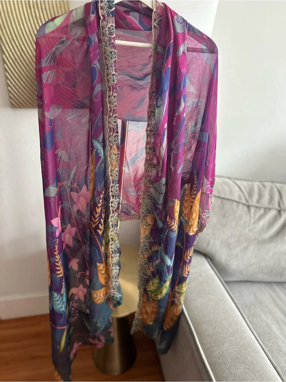 Vtg Floral Embroidery Wrap Scarf Pashmina Chiffon